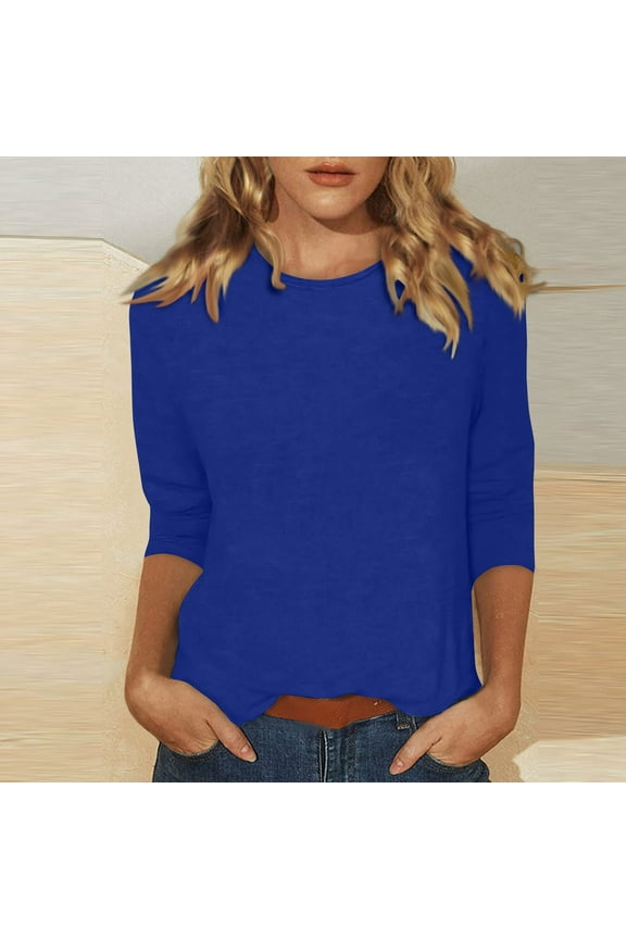 Womens 3/4 Sleeve Tunics and Long Shirts Casual Crew Neck Basic Tees Cute Elbow Summer Pullover Top Spring Three Quarter Length Shirts Work Blouse Blue 3XL