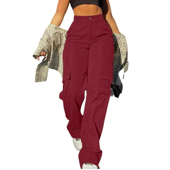 DENGDENG Womens Black Cargo Pants Loose High Waisted Wide Leg Pants Trendy Casual Work Pants with Pockets Fashion Lounge Y2k Streetwear Long Trousers Wine S