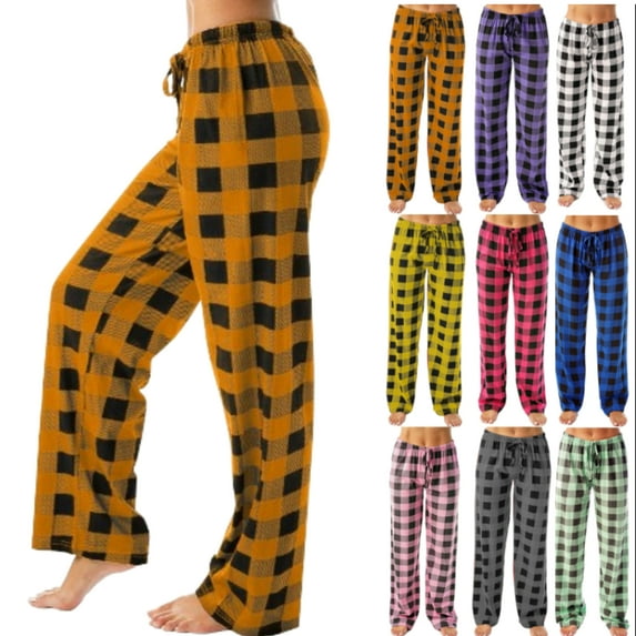 DENGDENG Womens Blue Buffalo Plaid Pajama Pants Comfy Lounge Pants Cotton Drawstring Elastic Waist Sleep Pj Bottoms Checkered Christmas Wide Leg Pajama Pants with Pockets Ginger XL