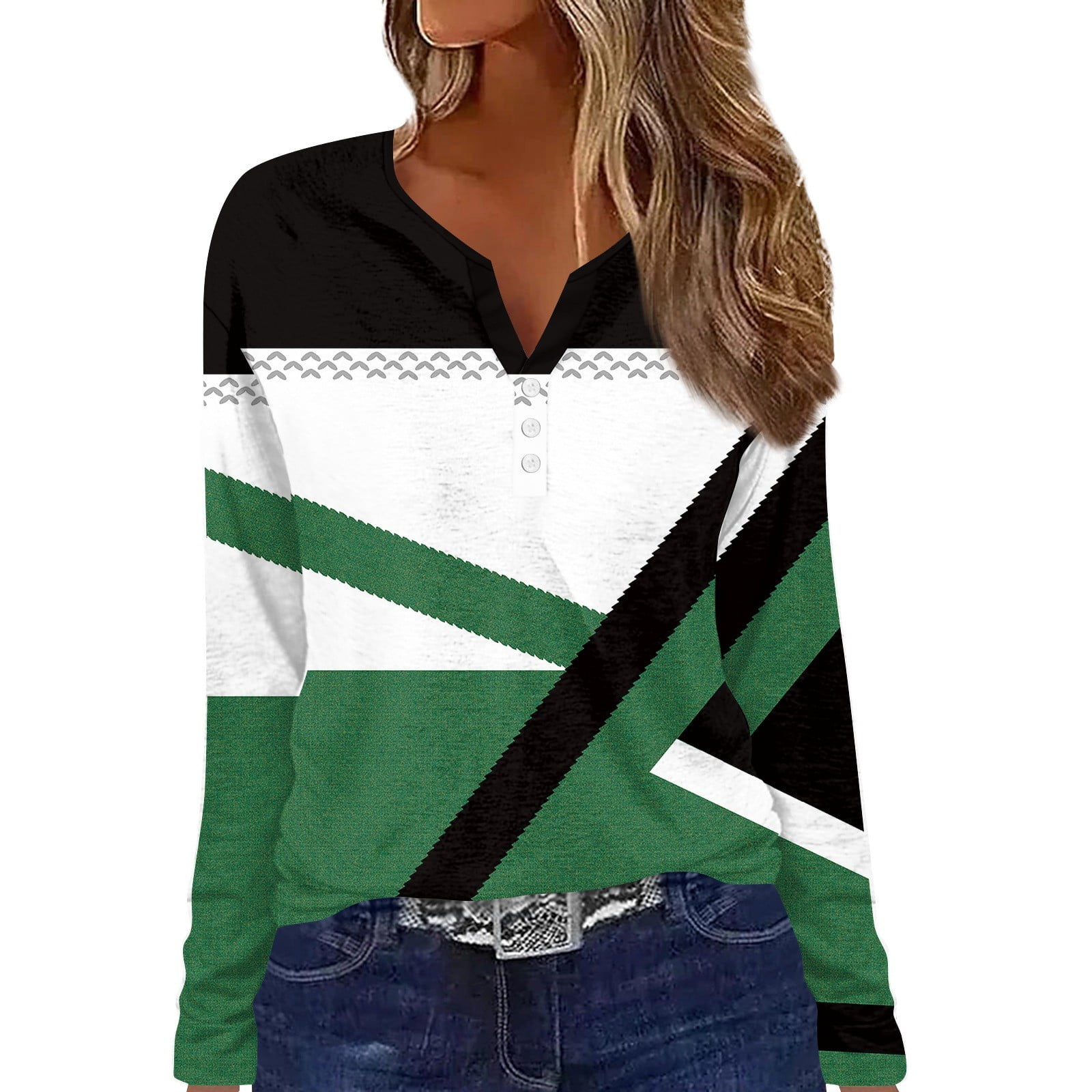 DENGDENG Womens Button Blouse V Neck Shirts Cute Geometric Long Sleeve Womens Work Tops Plus