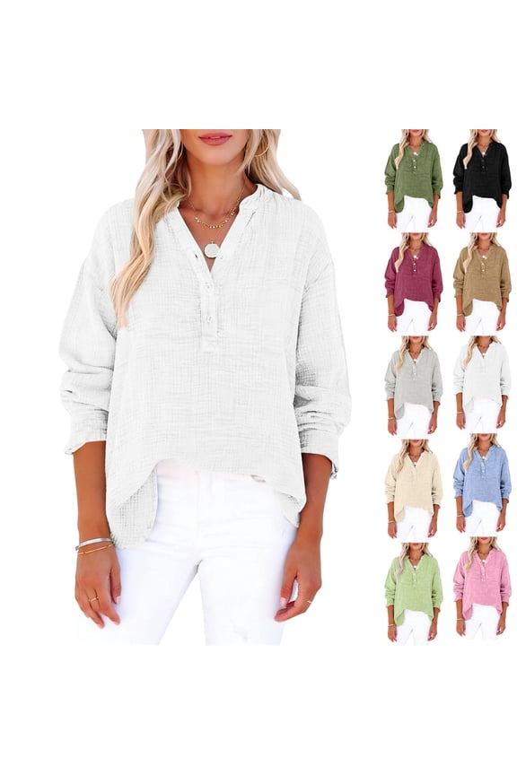 Womens Casual Gauze Button Neck Long Sleeve Oversized Blouses Tops, Gauze Shirts for Women, Gauze Tops and Blouses,XXL,#03 White