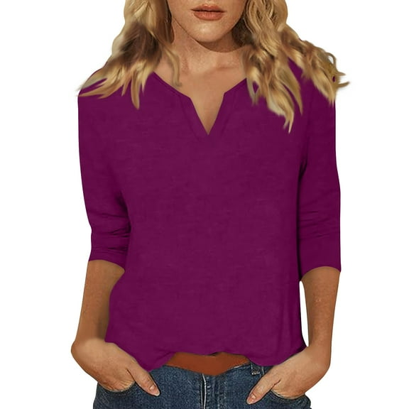 DENGDENG 3/4 Sleeve Shirts for Women Cotton Elbow Summer Tops Work V Neck Casual Tshirts Trendy Three Quarter Length Tunic Tops Business Pullover Dark Purple XL