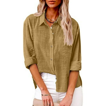DENGDENG Womens Cotton Linen Button Down Shirt 2024 Casual Long Sleeve Solid Color Shirts Loose Work Tops with Pockets Khaki S