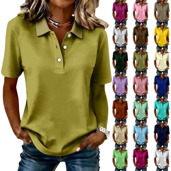 DENGDENG Womens Cotton Polo Shirts Summer Button Down Loose Fit V Neck Short Sleeve Tops Golf Tennis Sports Casual T Shirts,L,#03 Army Green
