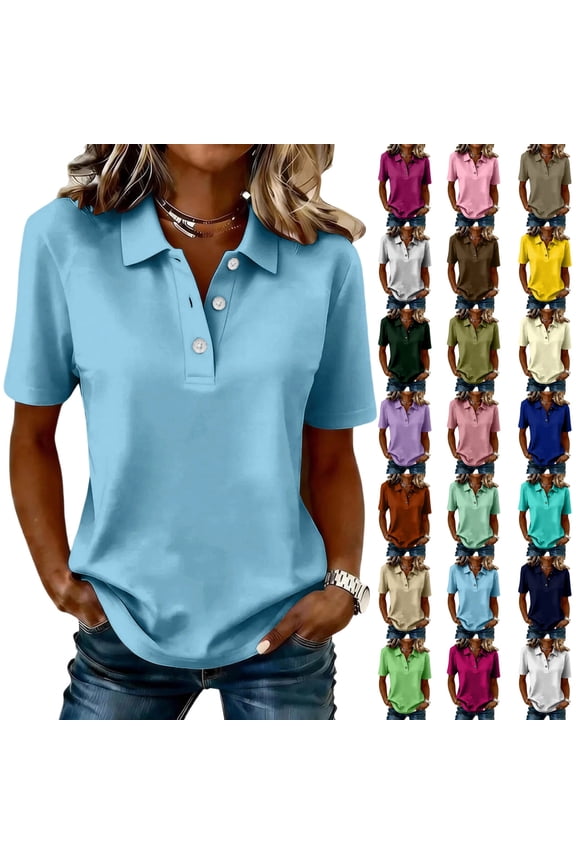 Womens Cotton Polo Shirts Summer Button Down Loose Fit V Neck Short Sleeve Tops Golf Tennis Sports Casual T Shirts,M,#03 Light Blue