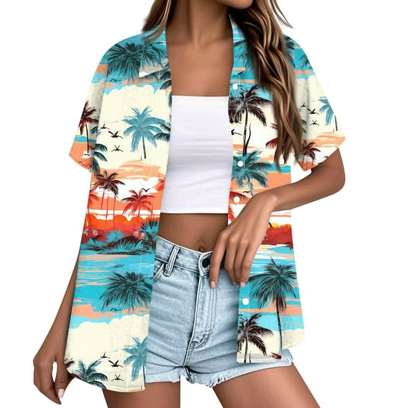 DENGDENG Womens Dressy Hawaian Shirts Short Sleeve Tropical Print Button Down Shirts Plus Size Summer Beach T Shirts Fashion Tops Blouses Orange S