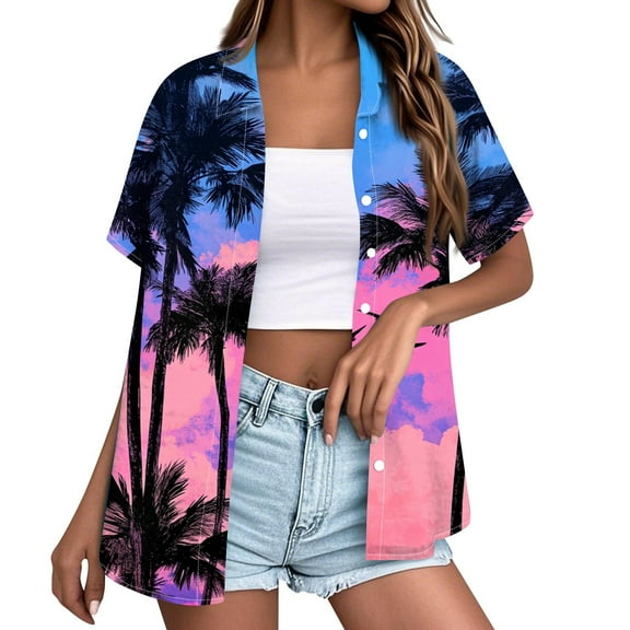 DENGDENG Womens Dressy Hawaian Shirts V Neck Floral Tropical Print Tshirts Funny Summer Short Sleeve Button Down Shirts Fashion Tops Blouses Hot Pink M