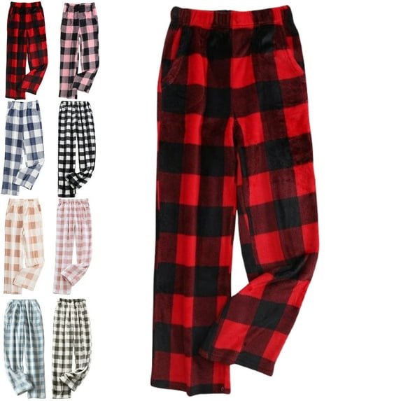 Winter Flannel Pajamas Pant for Women Christmas Buffalo Plaid Cozy Flannel Fuzzy Pjs Pants Plush Fleece Sleepwear Lounge Pants Warm High Waisted Plus Size Soft Pajamas Bottoms with Pockets Red XL