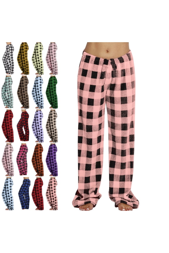Womens Fleece Pajamas Christmas Flannel Fuzzy Fluffy Plaid Pajamas Bottoms Cozy Sleep Pants Cute Straight Leg Soft Loose Fit Pjs Pants Watermelon Red S