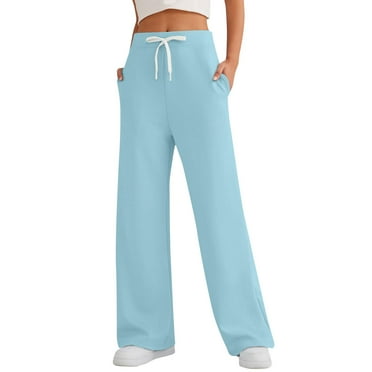 DENGDENG Womens Grey Sweatpants Wide Leg Drawstring Barrel Sweat Pants Fall Winter Casual Elastic High Waisted Baggy Pants Loose Straight Y2k Lounge Pants with Pockets Light Blue M