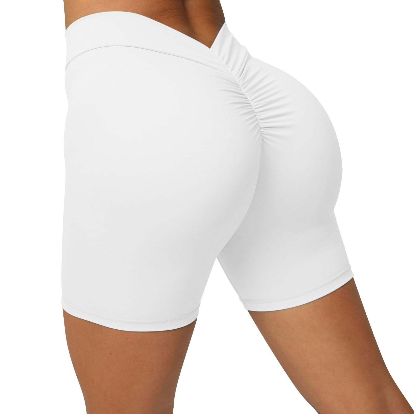 DENGDENG Womens Gym Scrunch Butt Lifting Yoga Shorts V Back High Waisted Shorts Workout Soft Hiking Biker Shorts White XS