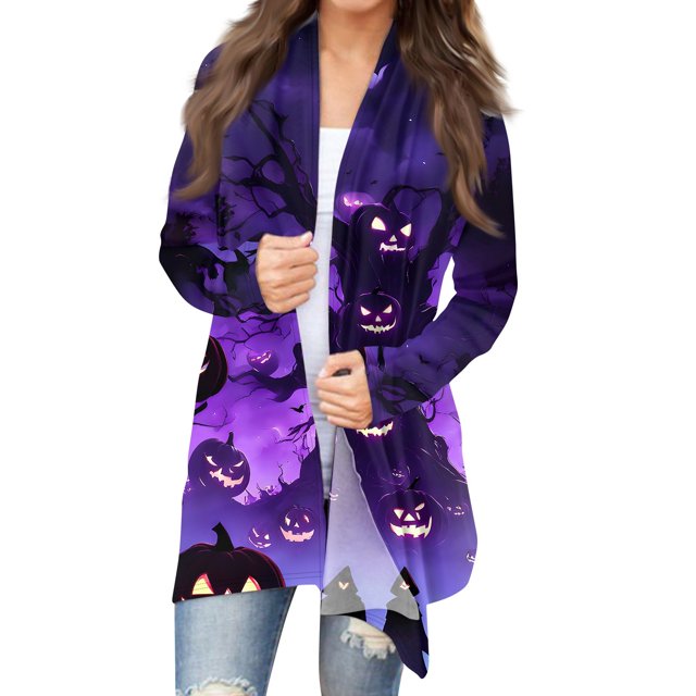 DENGDENG Womens Halloween Cardigan Long Sleeve Pumpkin Cat Pattern Open