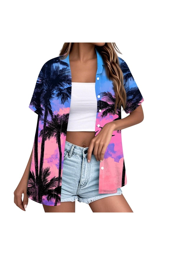 Womens Hawaiian Shirt Petite Summer Floral Tropical Print Basic Tees Funny Short Sleeve Beach Button Down Shirts Lightweight Tunic Tops Hot Pink L
