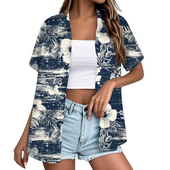 DENGDENG Womens Hawaiian Shirt Plus Size Beach Tropical Print T Shirts Holiday Summer Short Sleeve Button Down Shirts Graphic Blouses Tops Royal Blue L