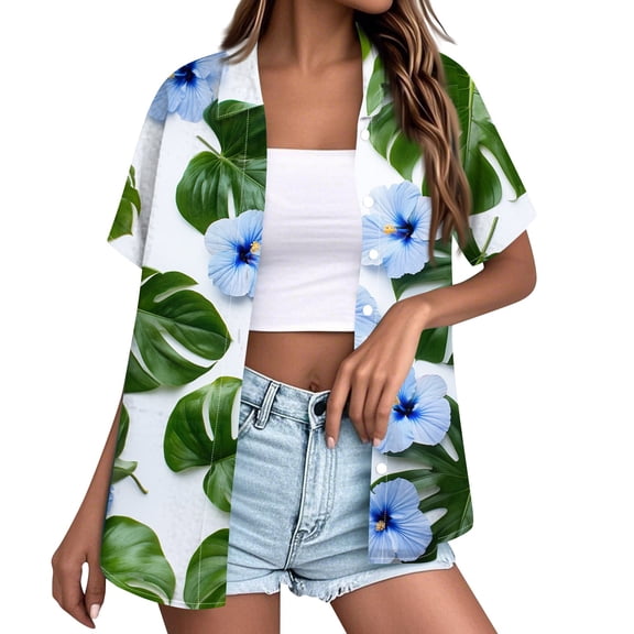 DENGDENG Womens Hawaiian Shirts Short Sleeve Summer Tropical Print Basic Tees Vacation Beach Short Sleeve Button Down Shirts Lightweight Tops Blouses Green XXL