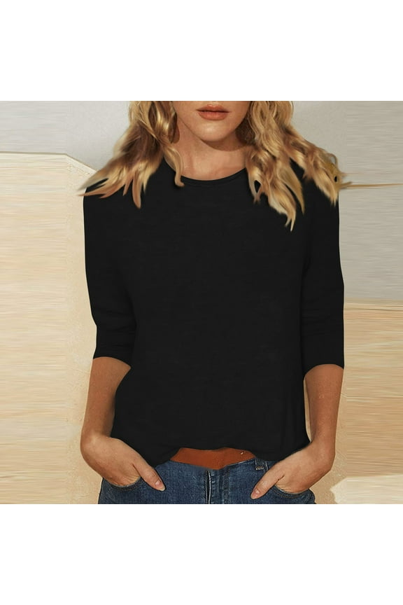Womens Large 3/4 Sleeve Tops Summer Casual T-Shirts Boat Neck Elbow Sleeve Blouse Business Three Quarter Length Tunics Work Boho Shirts Black S