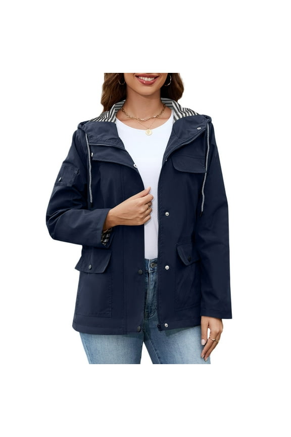 Womens Long Raincoat with Hood Casual Lightweight Windbreaker Rain Jackets Loose Fit Waterproof Outdoor Travel Hiking Rain Coats Navy M