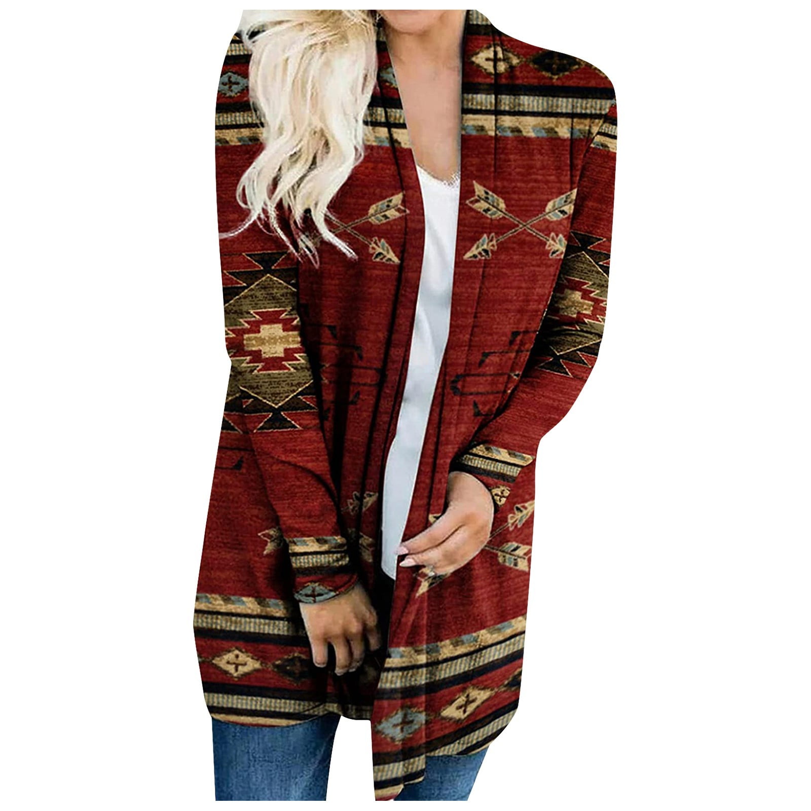 DENGDENG Womens Long Sleeve Fitted Cardigan Aztec Ethnic Style Spring