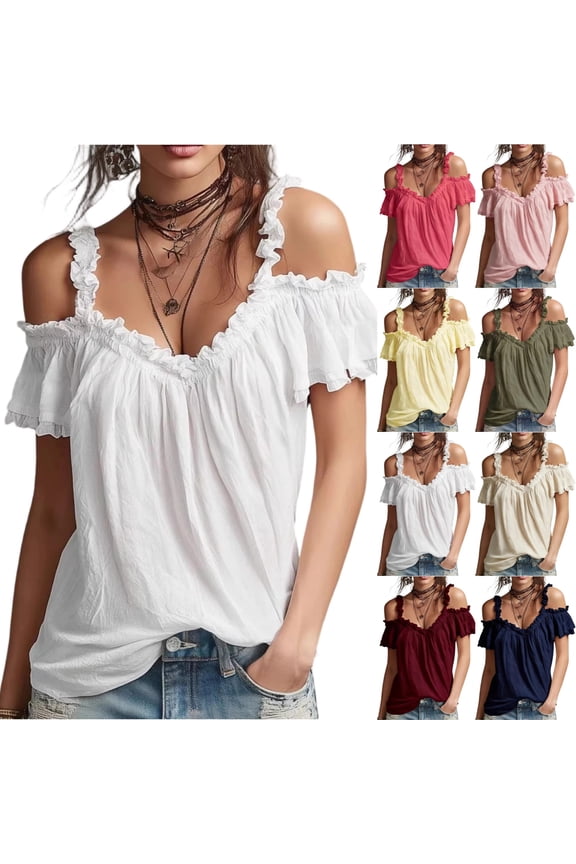 Womens Off The Shoulder Tops V Neck Ruffled Trim Chiffon Short Flutter Sleeve Blouses Loose Fit Going Out Summer Tops ,L,#03 White