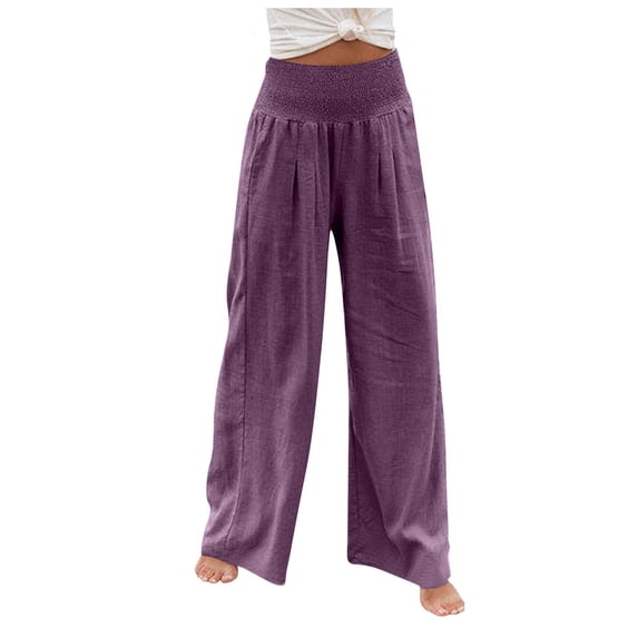 DENGDENG Womens Palazzo Pants Dressy Pockets Fall Elastic Wide Leg Pants Loose Fit Straight High Waisted Work Pants Plus Size Cotton Linen Flowy Solid Color Pants Dressy Casual Purple XL