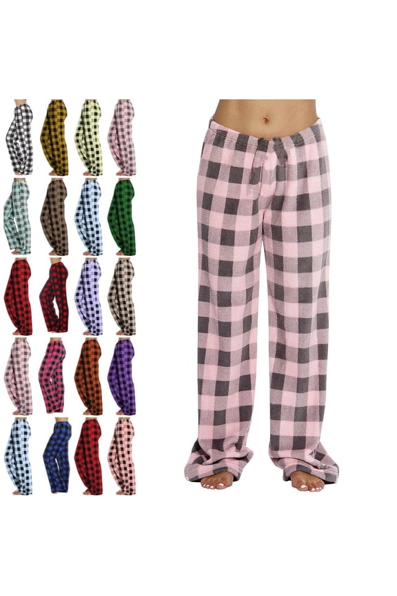 Womens Pj Bottoms Plaid Flannel Fuzzy Warm Christmas Pajama Pants Fall Sleep Fleece Loungewear Pants Cute Wide Leg Holiday Fluffy Pjs Bottoms Pink XXL