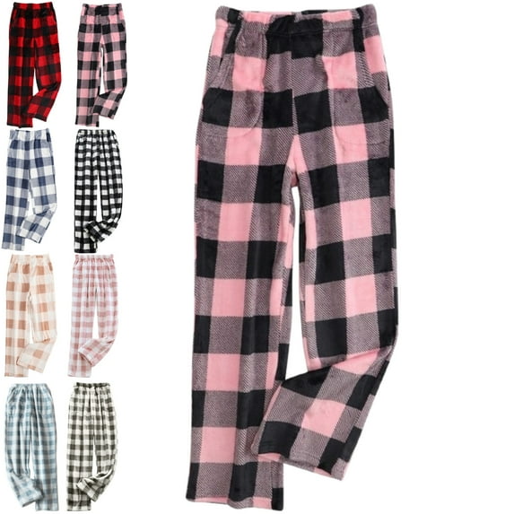 DENGDENG Womens Plaid Pajama Pants Petite Christmas Cozy Flannel Fleece Pajamas Pants Cute Fuzzy Loungewear Sleep Pants Plush Elastic Waist Plus Size Soft Pj Bottoms with Pockets Pink M