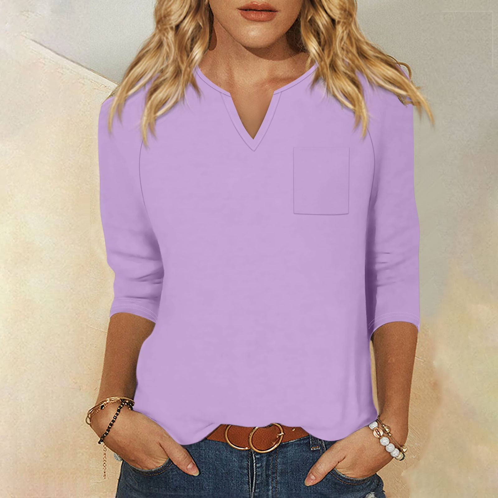 DENGDENG Womens Plus Size Blouses 3/4 Sleeve Solid Color V Neck Dressy ...