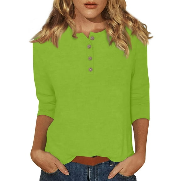 DENGDENG Womens Plus Size Tops 3/4 Sleeve 2X Loose Fitted Button Down Crew Neck T Shirts Elbow Casual Summer Blouses Three Quarter Length Shirts Spring Petite Clothes Green L