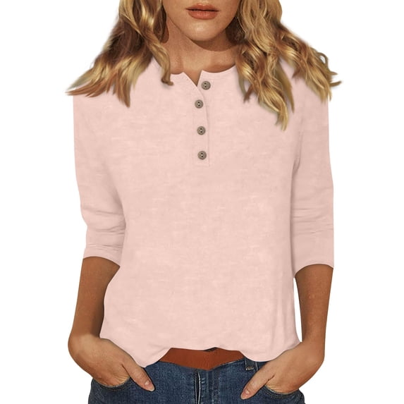 DENGDENG Womens Plus Size Tops 3/4 Sleeve 2X Round Neck Casual Basic Tees Button Down Summer Elbow Sleeve Tunics Petite Three Quarter Length Blouses Spring Fashion 2025 Pullover Light pink XXL