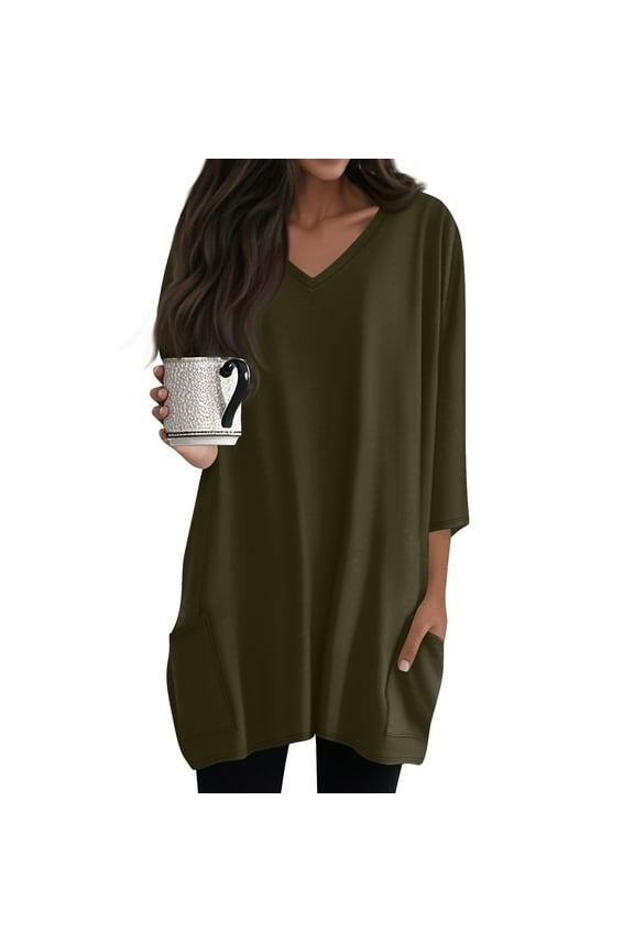 Womens Plus Size Tunic Tops 2025 Casual V Neck 3/4 Sleeve Long Shirts for Women for Leggings Summer Holiday T-Shirts Dressy Petite Blouses Army Green M