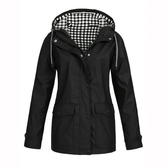 DENGDENG Womens Rain Coat Casual Lightweight Waterproof Rain Jacket with Hood Hooded Windbreaker Long Outdoor Hiking Raincoats Black XXL