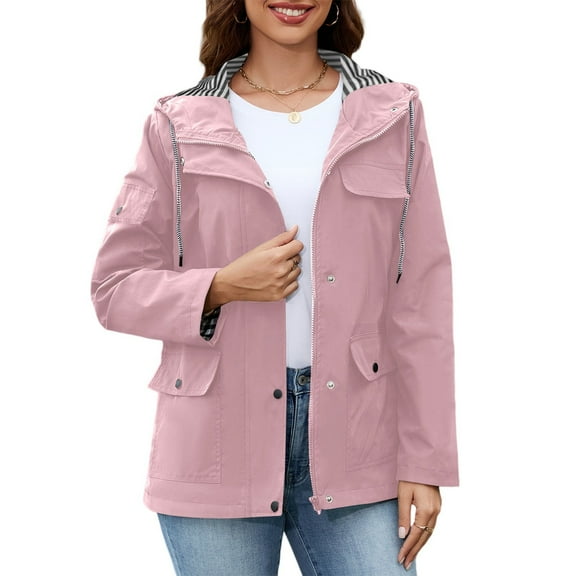 DENGDENG Womens Rain Jacket with Hood Waterproof Windbreaker Rain Coat Plus Size Lightweight Long Jackets Outdoor Active Wear Raincoats Pink S