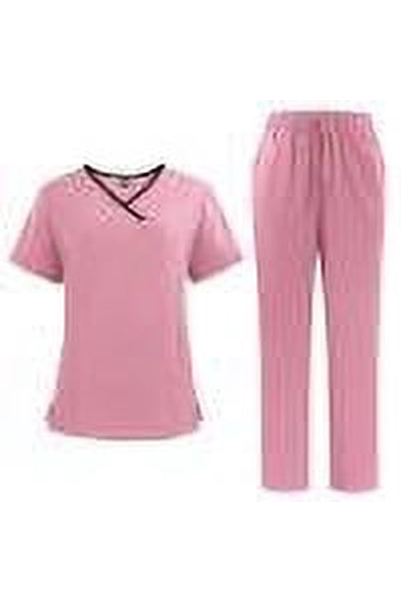 Womens Scrubs Sets Cute V-Neck Stretch Scrub Top & Drawstring Jogger Pants Maternity Soft Casual Nursing Uniform Scrubs Set with Pockets Pink S