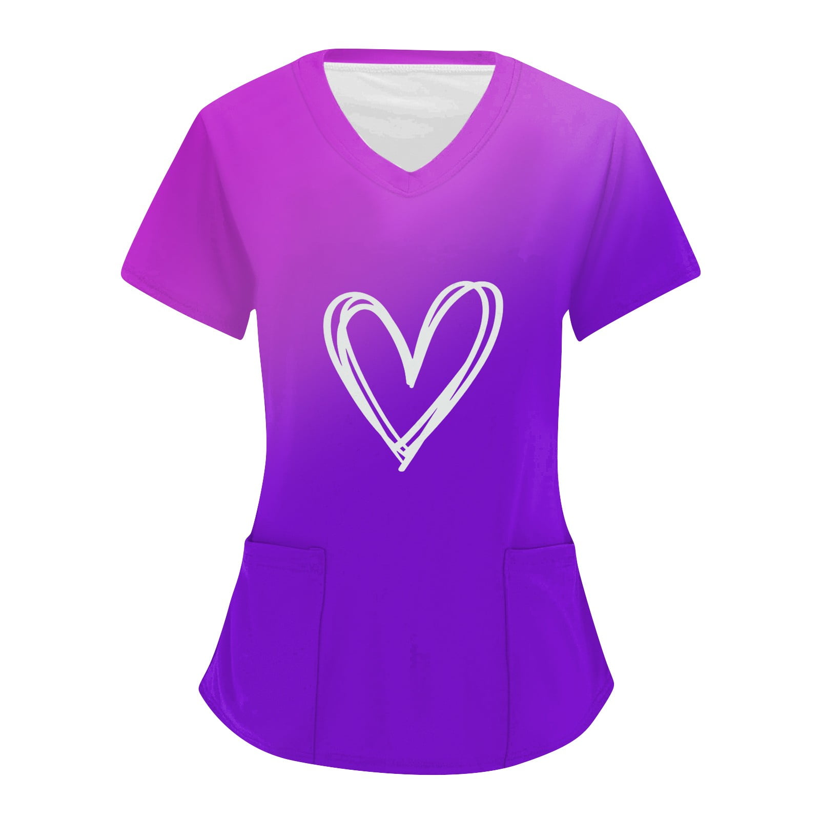 DENGDENG Womens Scrubs Valentines V Neck Working Nurses Uniform Stretchy with Pockets Love Heart