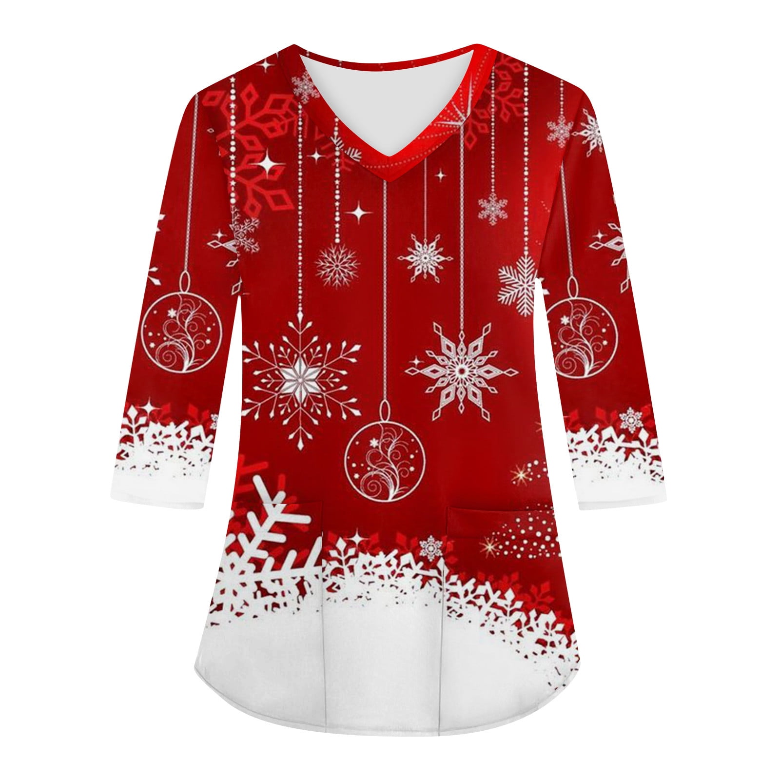DENGDENG Womens Scrubstar Tops Christmas 3/4 Length Sleeve Tops for Women Christmas Snowflake V