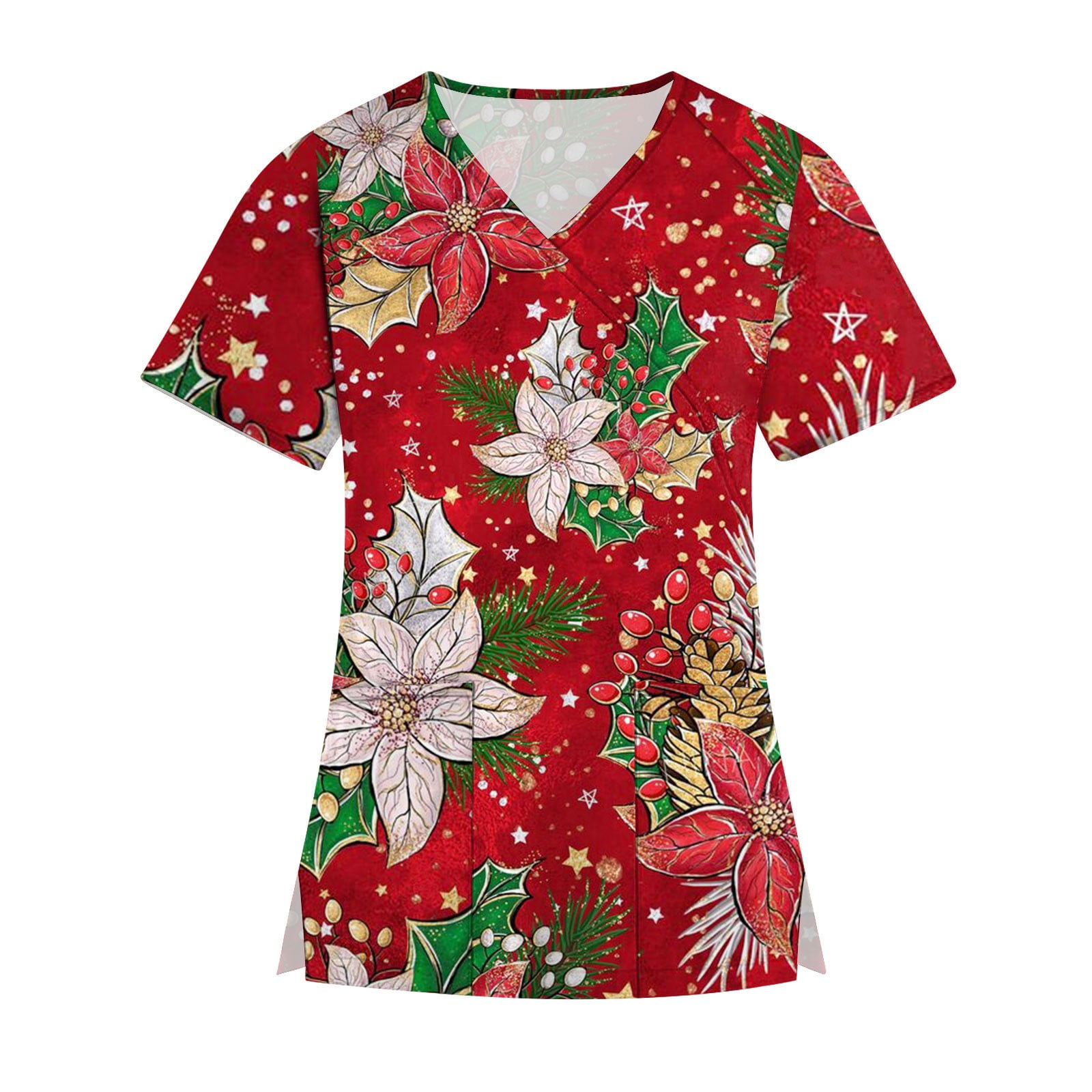 DENGDENG Womens Scrubstar Tops Christmas Floral Short Sleeve Athletic Tops for Women Christmas