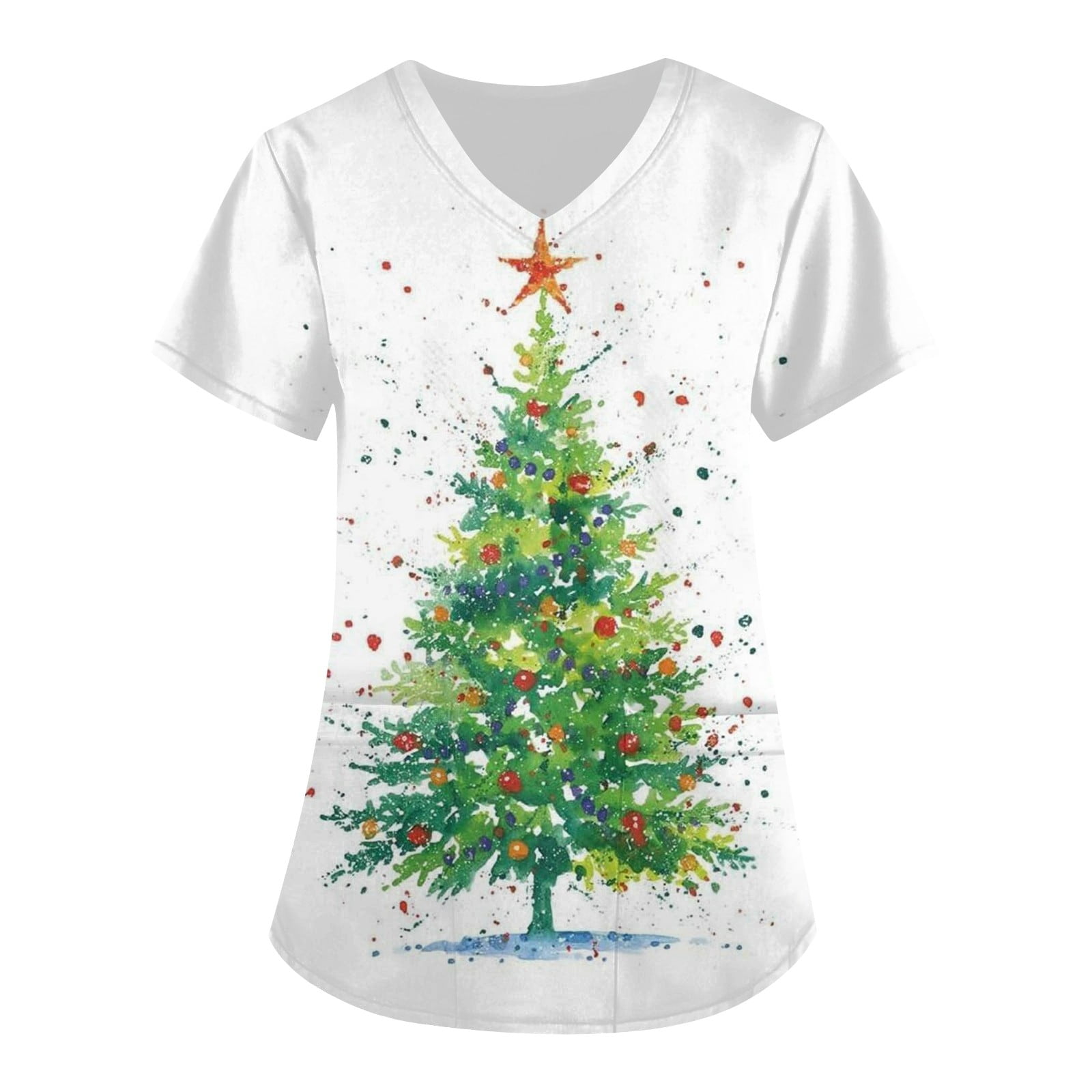 DENGDENG Womens Scrubstar Tops Christmas Tree V Neck Tops for Women 2023 Christmas Short Sleeve