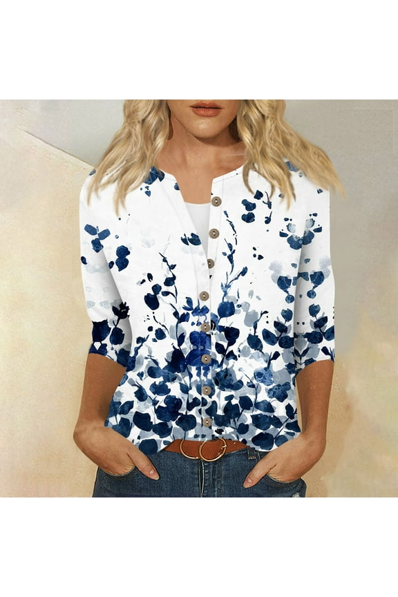 Womens Shirts 3/4 Sleeve Plus Size Elbow Casual Cardigan Floral Print Summer Button Down Shirt Loose Fit Three Quarter Length Tops Trendy Blouses Blue M