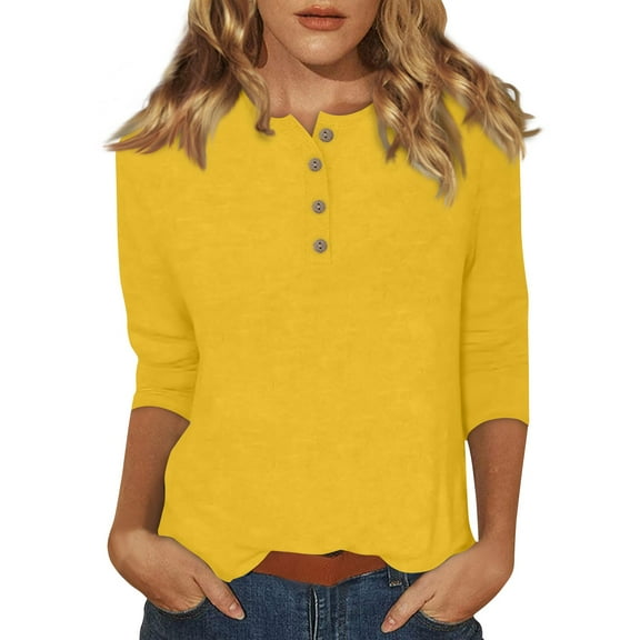 DENGDENG Womens Shirts 3/4 Sleeve Prints Casual Button Down Tops Summer Elbow Sleeve Crew Neck Tshirts Spring Three Quarter Length Tunics Trendy Petite Blouses Yellow S