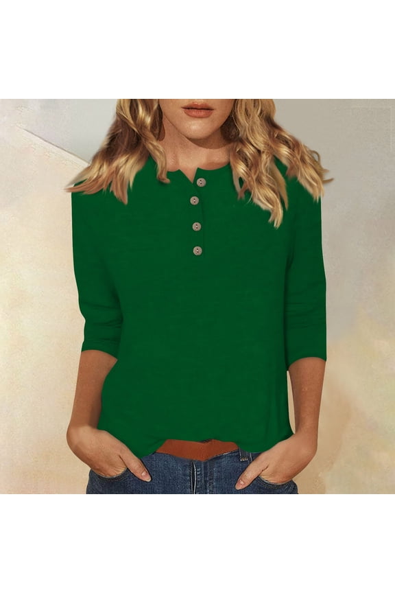 Womens Shirts 3/4 Sleeve Size Small Button Down Casual T Shirts Summer Elbow Crew Neck Tops Plus Size Three Quarter Length Blouses Loose Fashion 2025 Pullover Dark Green XL