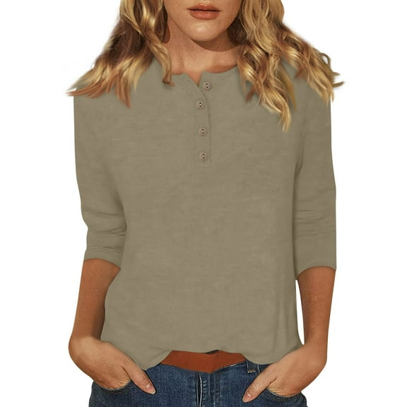 DENGDENG Womens Shirts 3/4 Sleeve Size Small Button Down Summer T Shirts Elbow Sleeve Casual Round Neck Tops Petite Three Quarter Length Clothes Solid Color Boho Blouse Khaki XL