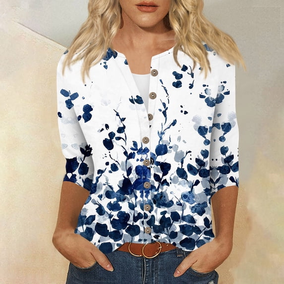 DENGDENG Womens Shirts 3/4 Sleeve Summer Casual Cardigan Elbow Floral Print Button Down Shirt Vintage Three Quarter Length Tops Petite Blouses Blue S