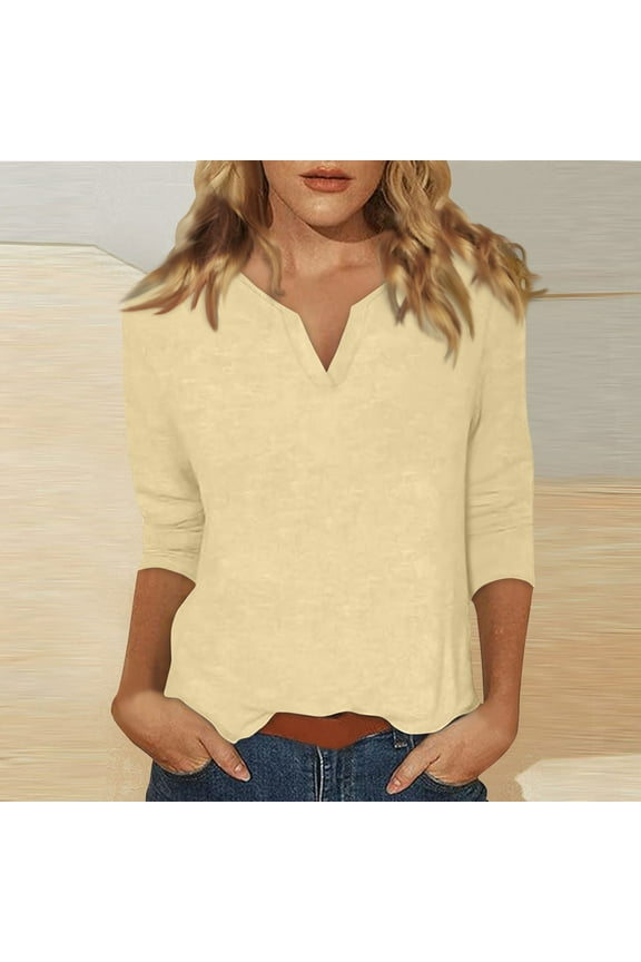 Womens Shirts 3/4 Sleeve Summer Elbow T-Shirts Spring Casual V Neck Tops Plus Size Three Quarter Length Blouses Boho Loose Clothes Complexion 3XL