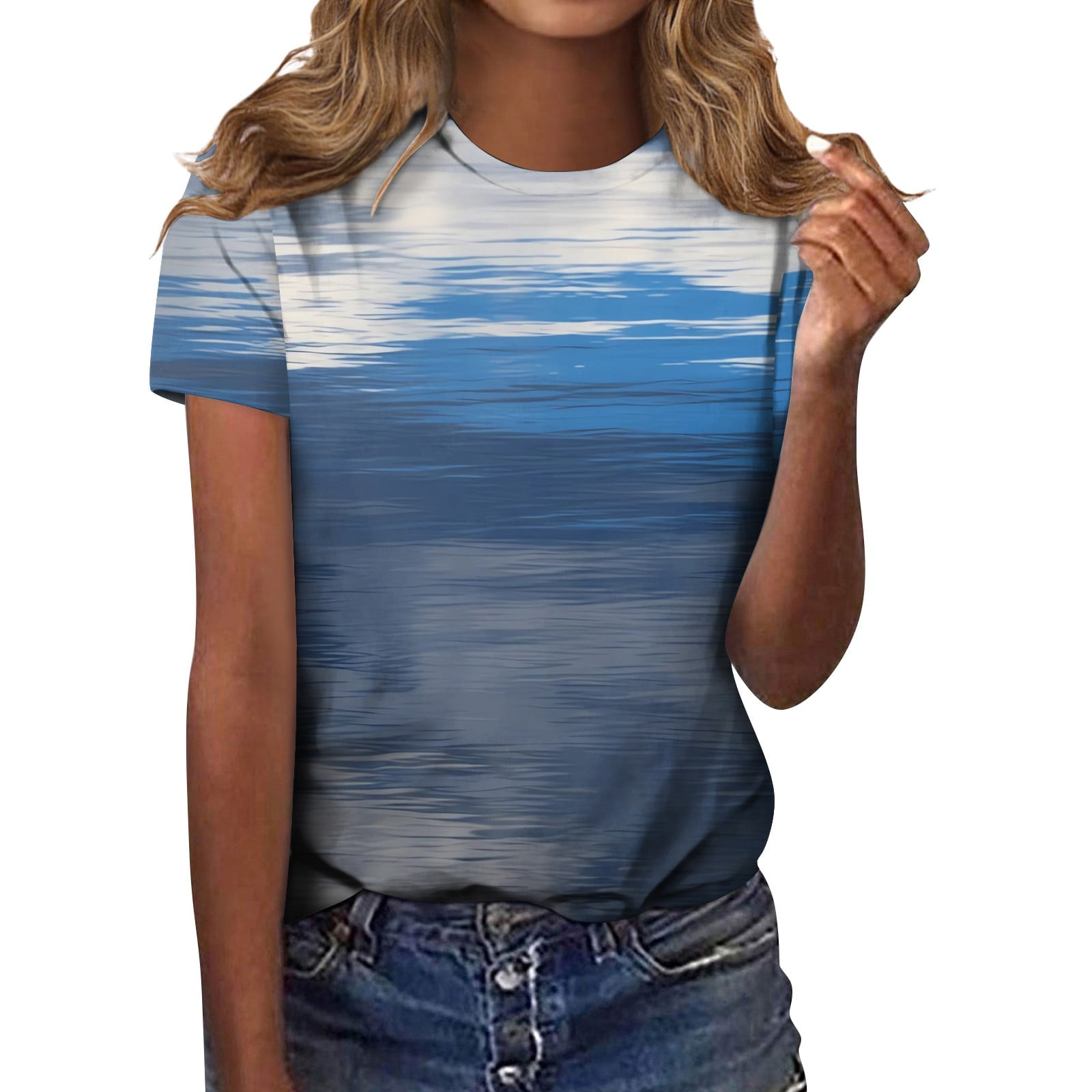 DENGDENG Womens Summer Shirts Beach Short Sleeve Round Neck Tops Trendy