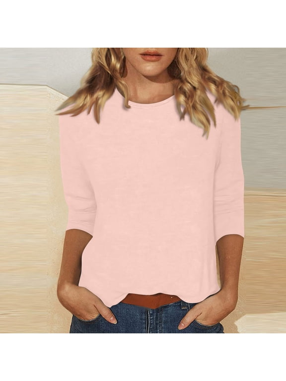 Womens Tops 3/4 Length Sleeve V-Neck Cotton Elbow Sleeve Casual Basic Tees Work Crew Neck Summer Blouse Petite Three Quarter Length Shirts Dressy Petite Tunic Tops Light pink XL