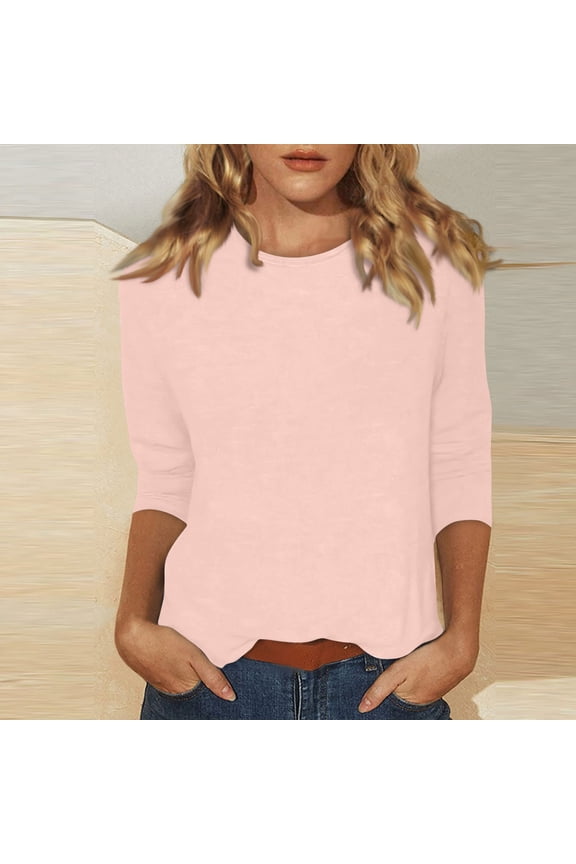 Womens Tops 3/4 Length Sleeve V-Neck Cotton Elbow Sleeve Casual Basic Tees Work Crew Neck Summer Blouse Petite Three Quarter Length Shirts Dressy Petite Tunic Tops Light pink XL