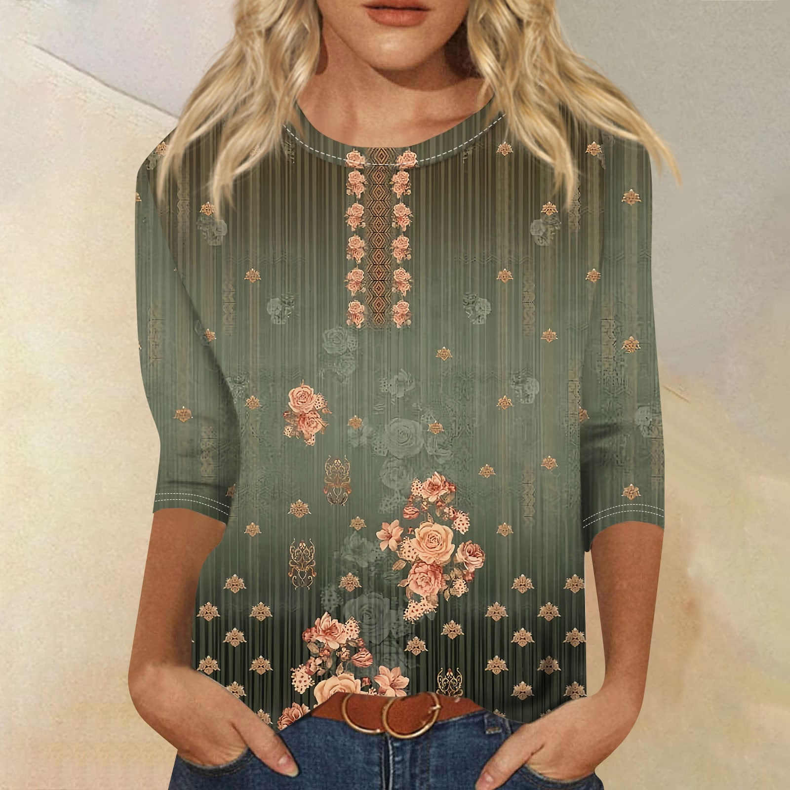 DENGDENG Womens Tops 3/4 Sleeve Clearance Elbow Ethnic Floral Oversized