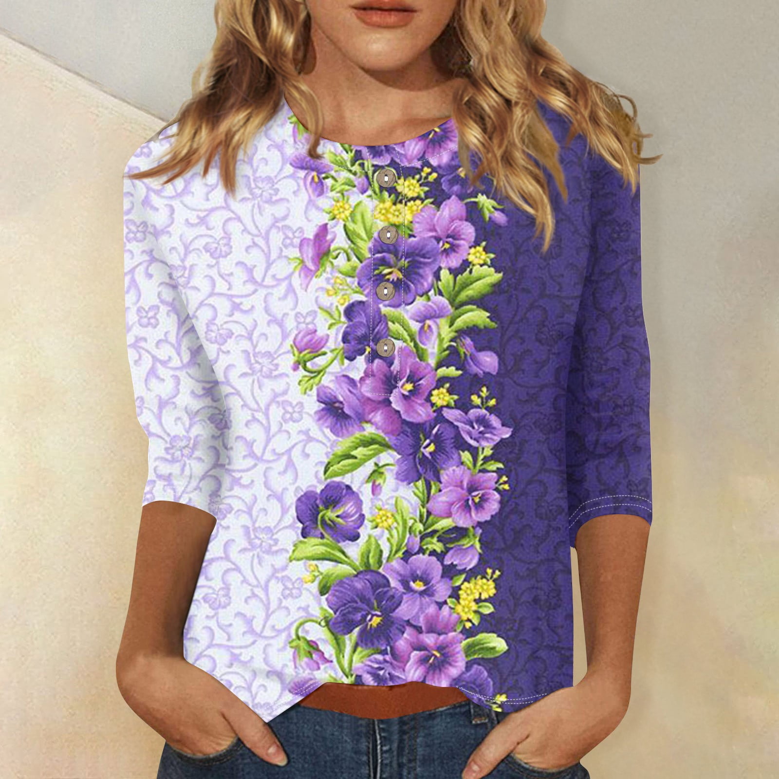 DENGDENG Womens Tops 3/4 Sleeve Clearance Plus Size Crew Neck Elbow