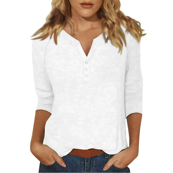 DENGDENG Womens Tops 3/4 Sleeve Cotton Summer Henley Neck Basic Tees Button Down Elbow Sleeve Casual Tunic Tops Plus Size Three Quarter Length Shirts Boho Pullover White 3XL