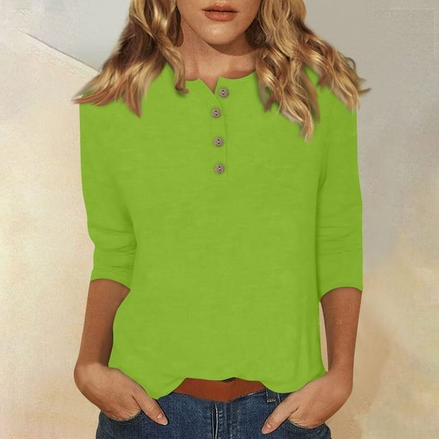 DENGDENG Womens Tops 3/4 Sleeve Polyester Casual Button Down T-Shirts Elbow Sleeve Summer Crew Neck Shirts Plus Size Three Quarter Length Tunic Tops Loose Business Blouses Green M